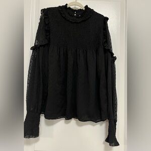 ZARA Trafaluc Black Smocked Swiss Dot Ruffle Blouse XS